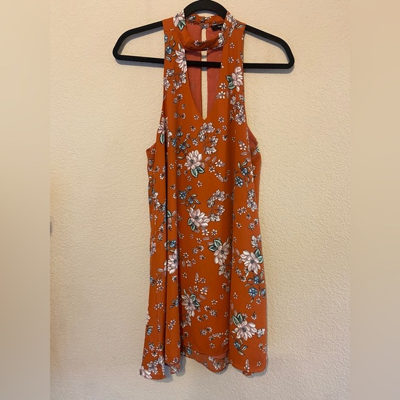 Olivaceous Halter Mini Dress Women's L Rust Orange Floral Boho Hippie Keyhole - Picture 1 of 6